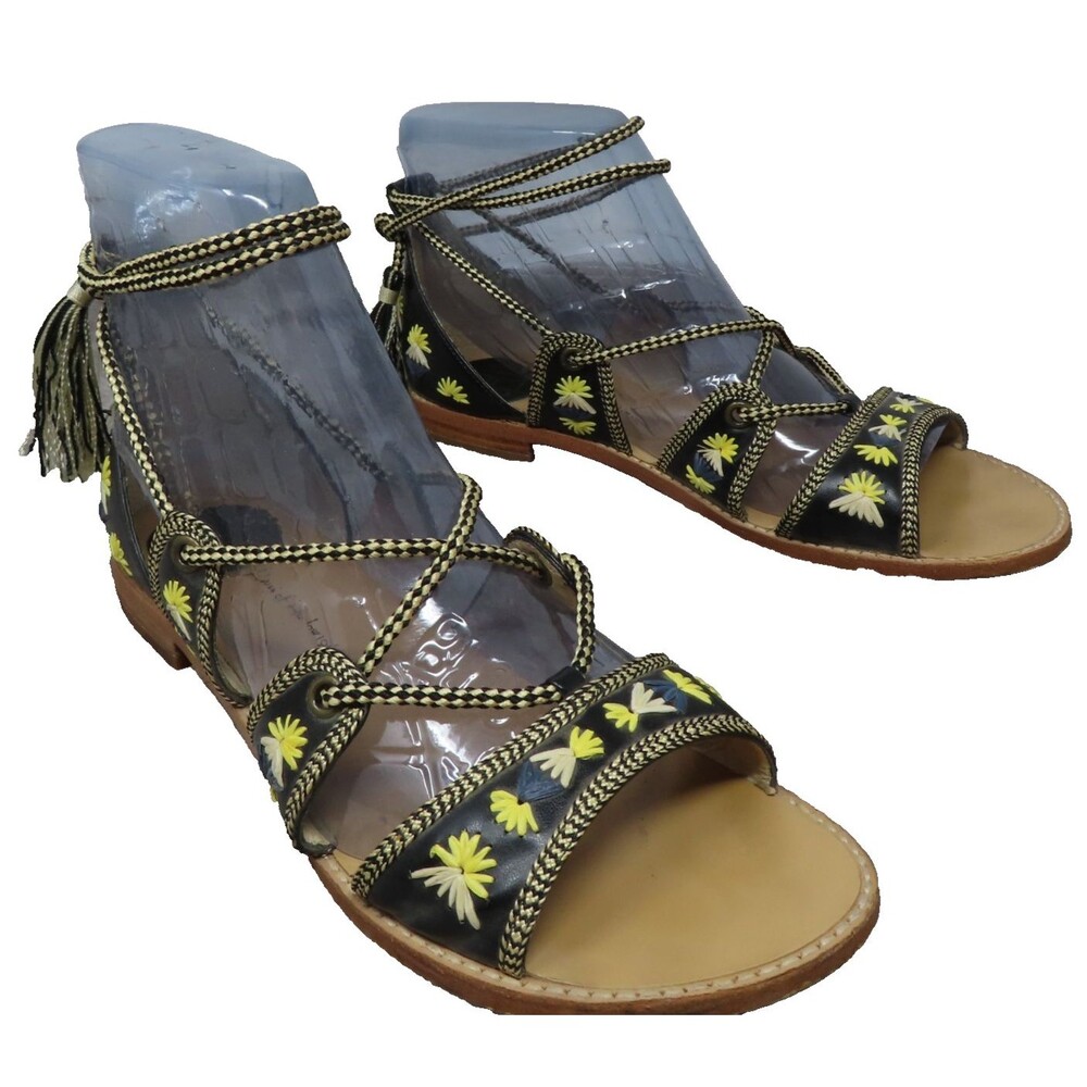 House of Harlow 1960 Leather Gladiator Sandals Lace Up Boho Raffia 39.5 US 9.5